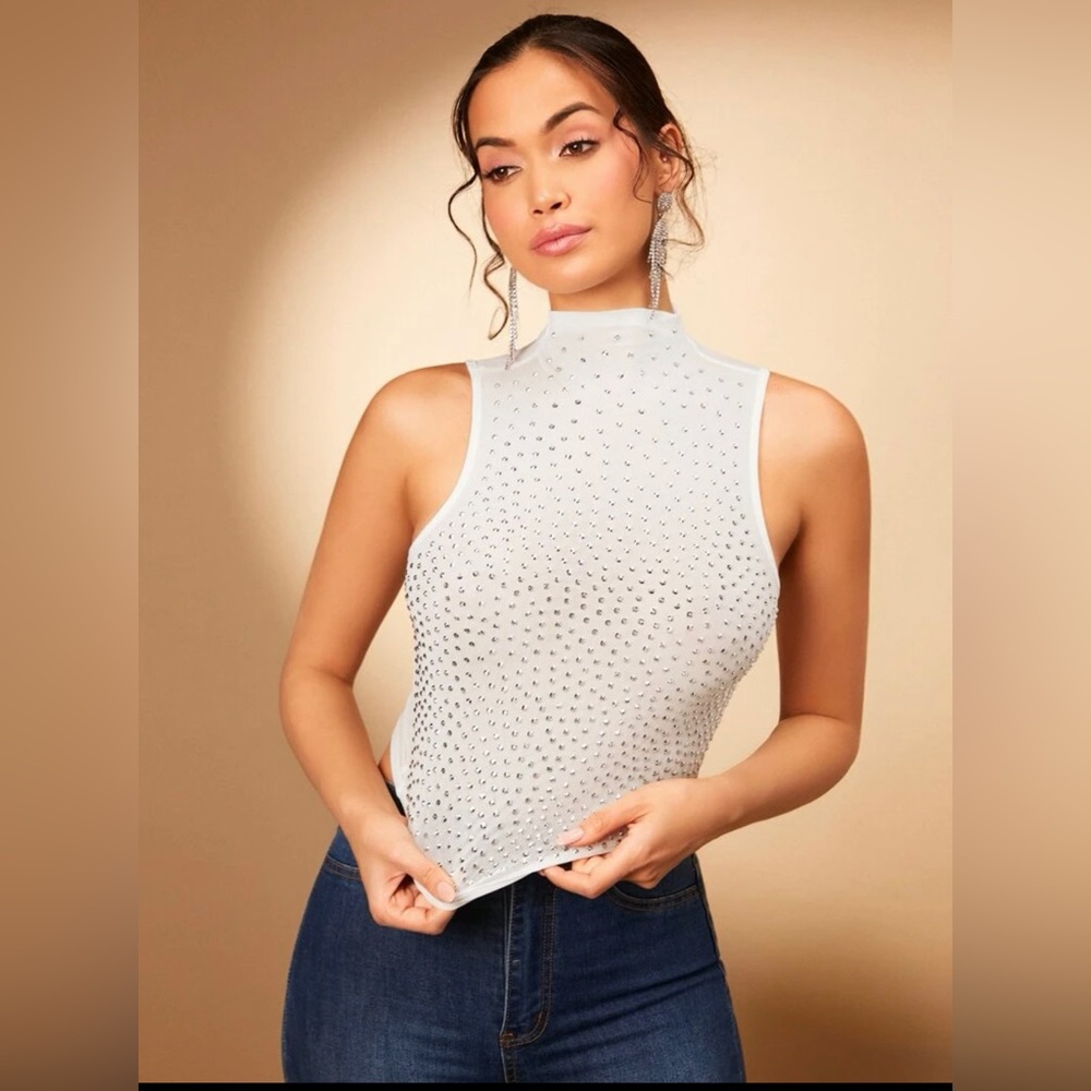 Mock neck beaded crop tank top